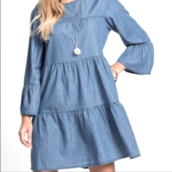 Lyocell chambray v-neck tiered dress main image 1